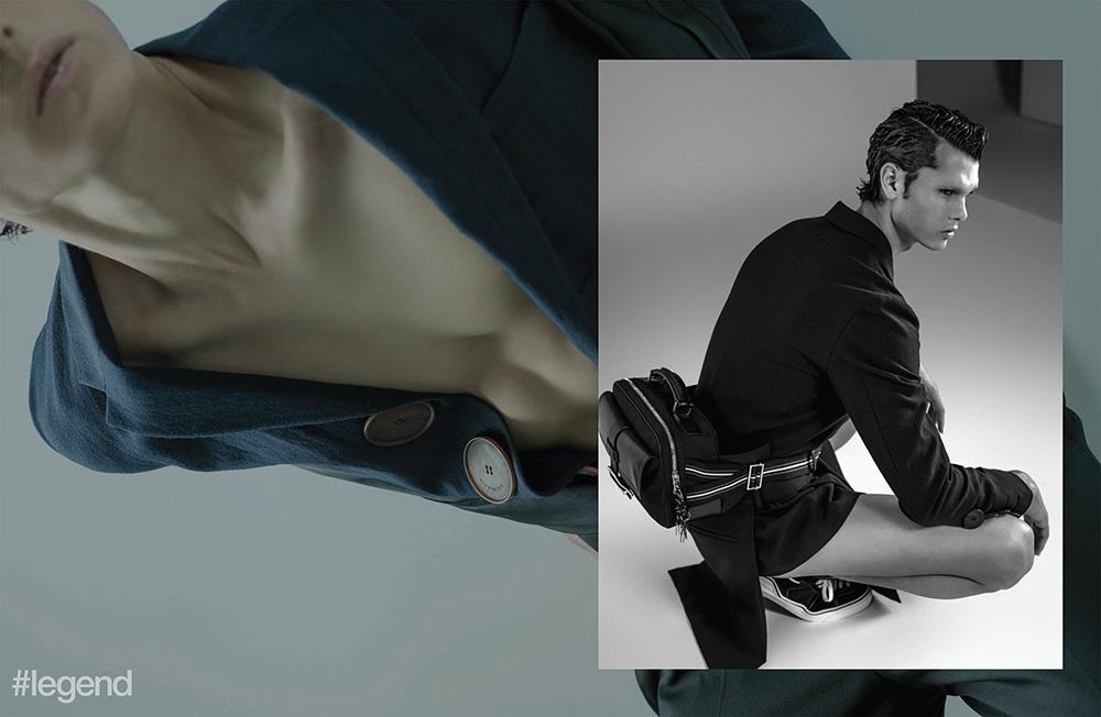 Jacket and overalls by Givenchy, jacket and shoes by Givenchy and bag by Dior Homme