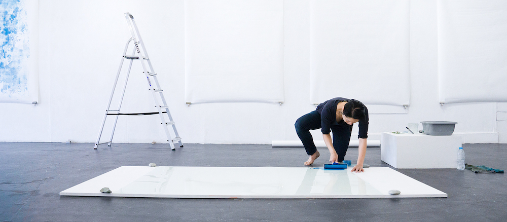 Bettina Fung, live monoprinting performance at Surface Gallery, UK, 2018, Photography: Gavin Conway. Image courtesy of the artist.