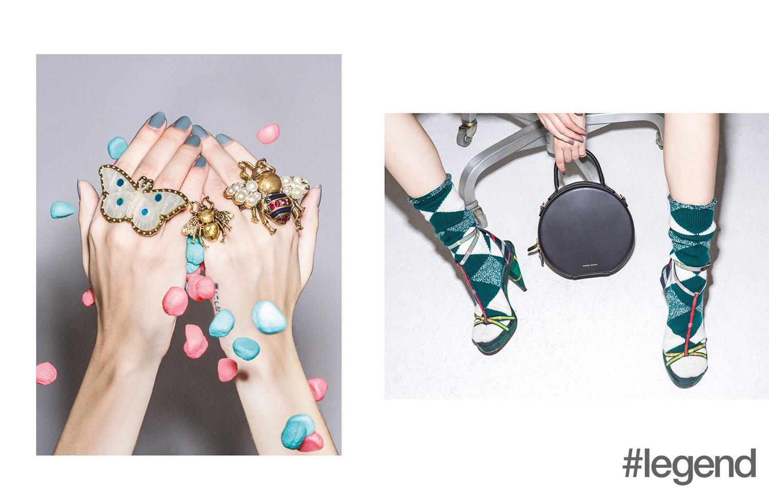 LEFT: WANT: Statement Rings / Rings_ Gucci; RIGHT: LOVE: The Tambourine Bag Bag _ Mansur Gavriel, available at Lane Crawford | Socks and shoes _ Burberry