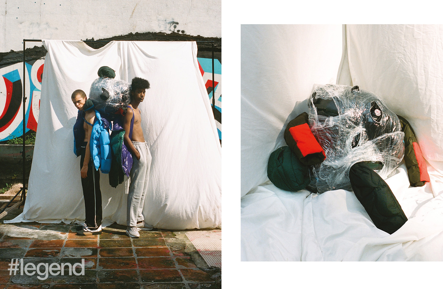 LEFT: On Jaron (left), Jacket and shoes _ Moncler | Trousers _ Ports 1961; On Han (right), Jacket _ Moncler | Trousers and shoes _ Nike; RIGHT: Jackets _ Moncler