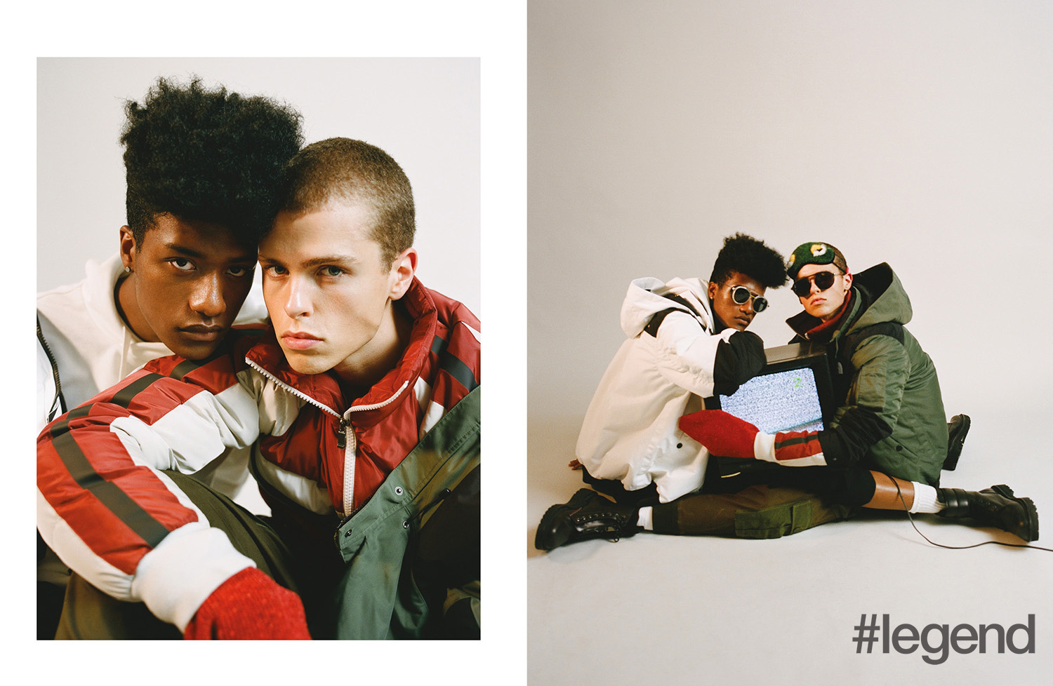 LEFT: On Han, Jacket and hoodie _ Sacai x The North Face; On Jaron, Outer jacket _ Sacai x The North Face | Inner jacket and gloves _ Z Zegna | Trousers _ Moncler; RIGHT: On Han, Sunglasses _ Fendi | Jacket and hoodie _ Sacai x The North Face | Trousers _ Rick Owens | Shoes _ Ports 1961; On Jaron, Mask and sunglasses _ Fendi | Jacket _ Sacai x The North Face | Jacket (inner) and gloves _ Z Zegna | Trousers and shoes _ Moncler