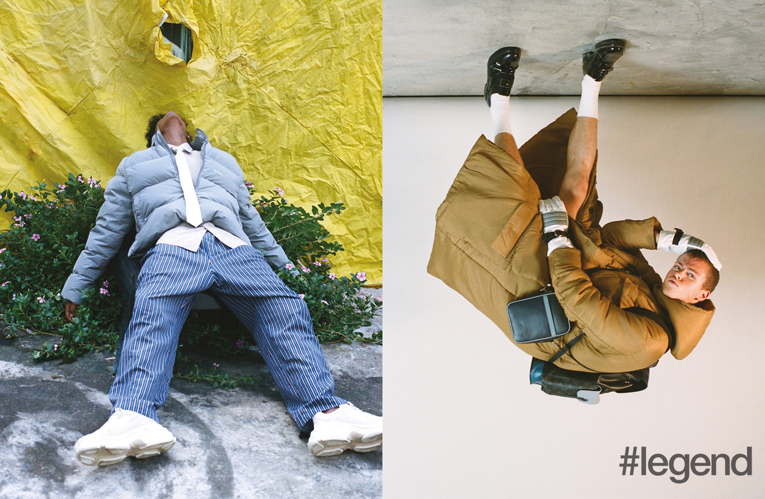 LEFT: Outfit _ Balenciaga; RIGHT: Coat and shoes _ Ermenegildo Zegna Couture | Bags _ Louis Vuitton | Gloves _ Z Zegna