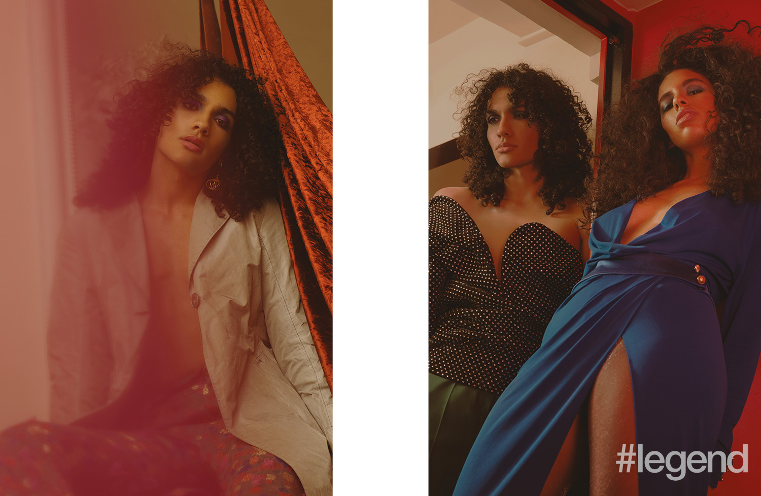 LEFT: Coat _ Olivier Theyskens | Trousers and earrings _ Tsumori Chisato; RIGHT: On Idir (left) Dress _ Saint Laurent | Trousers _ Olivier Theyskens; On Ythemba (right) Dress _ Alexandre Vauthier | Tights _ Chanel