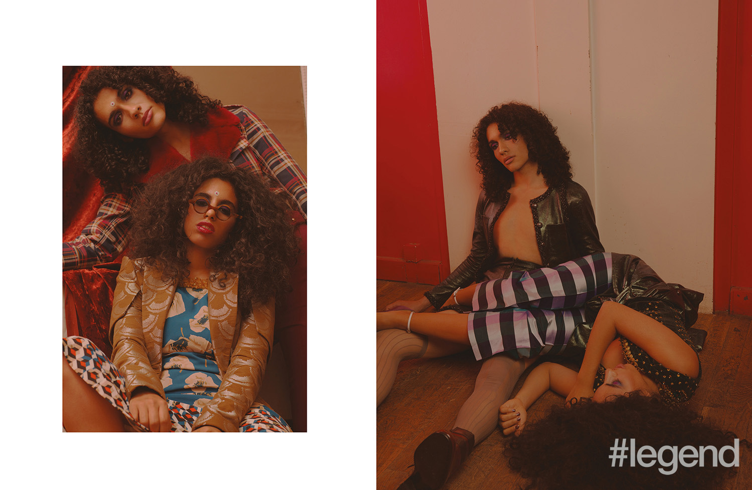 LEFT: On Idir (top) Jacket _ Philippe Perisse; On Ythemba (bottom) Dress _ Dries Van Noten | Jacket _ Didit Hediprasetyo | Glasses _ Acne Studios; RIGHT: On Idir (left) Jacket and shorts _ Chanel | Tights _ Acne Studios | Boots _ Christian Louboutin; On Ythemba (right) Top _ Token Paris | Trousers _ Philippine Janssens | Shoes _ Rochas