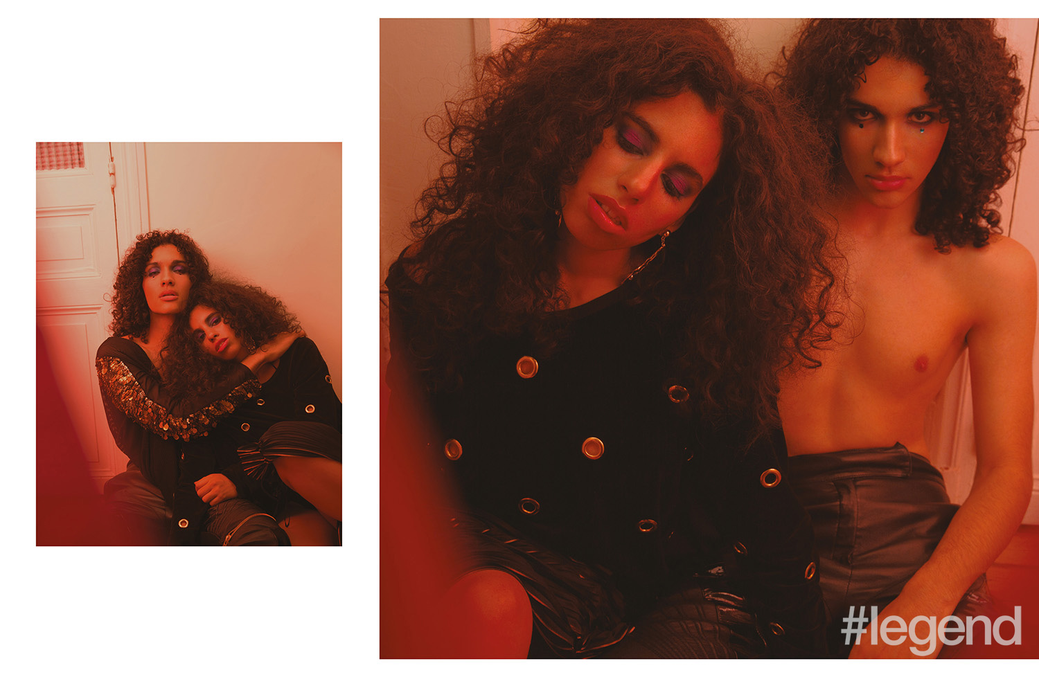 On Idir (left) Top _ Token Paris | Trousers _ Alexandre Vauthier; On Ythemba (right) Sweater _ Alexandre Vauthier | Skirt _ Lucien Wang | Earrings _ Stylist’s own