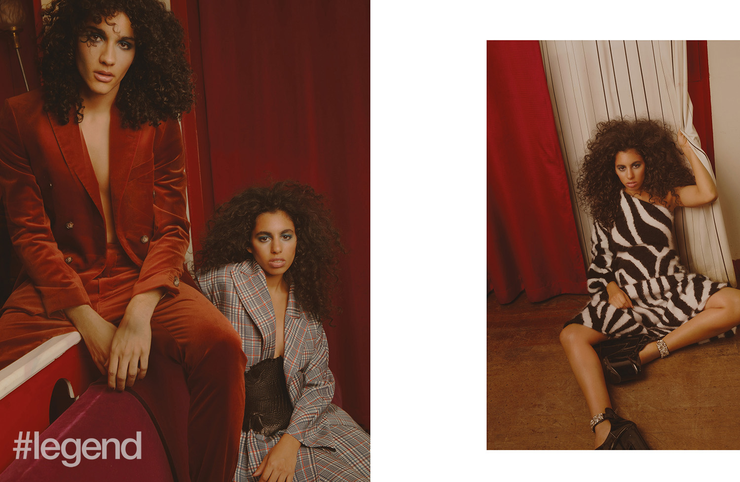  LEFT: On Idir (left) Suit _ Tiger of Sweden; On Ythemba (right) Jacket and trousers _ Dice Kayek | Belt _ Redemption; RIGHT: Dress _ Emilio Pucci | Shoes _ Dice Kayek