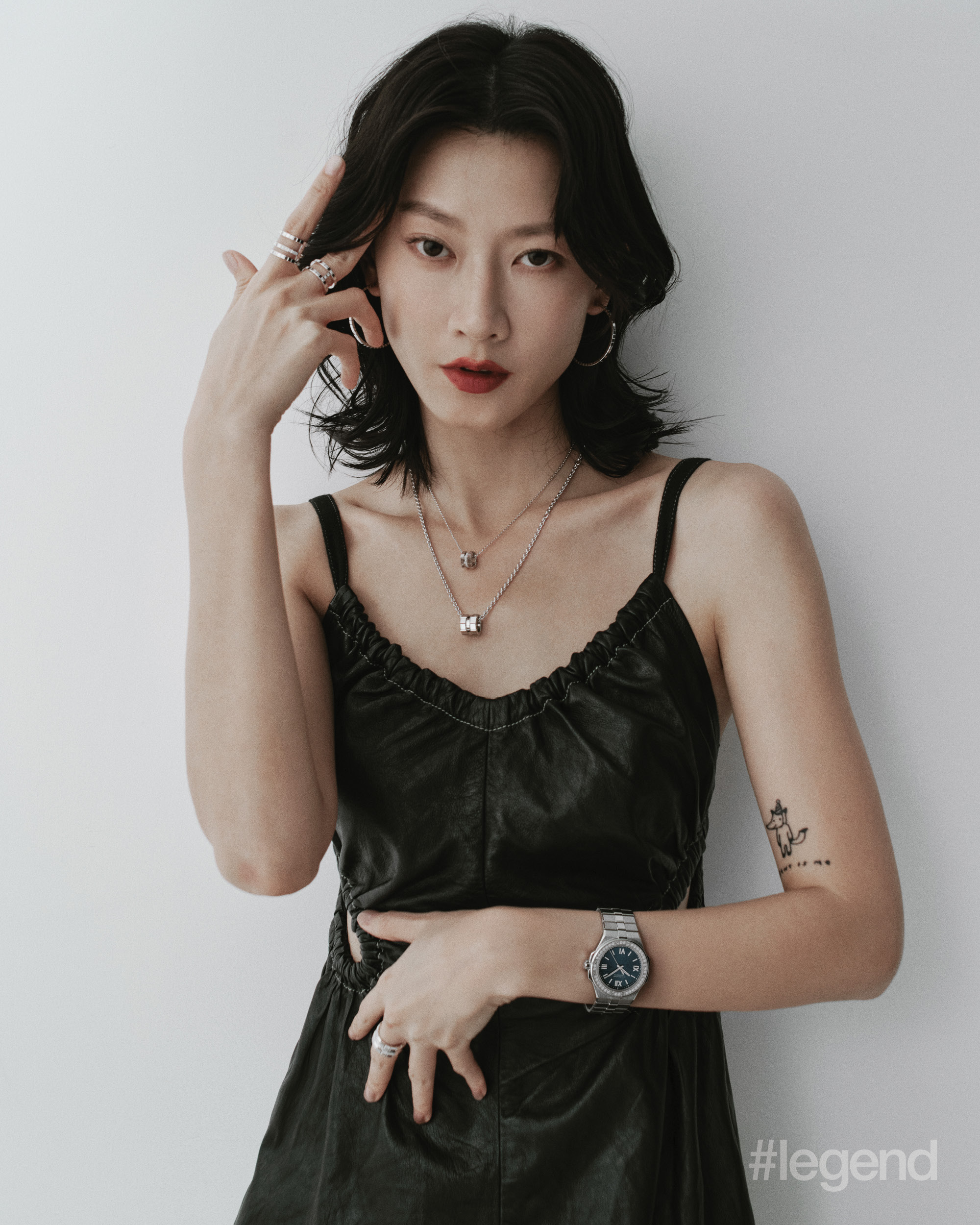 Alpine Eagle watch in Lucent Steel; Ice Cube collection earrings and necklaces in ethical 18k white gold, and rings in ethical 18k white gold with diamonds _ Chopard (Stylist’s own top)