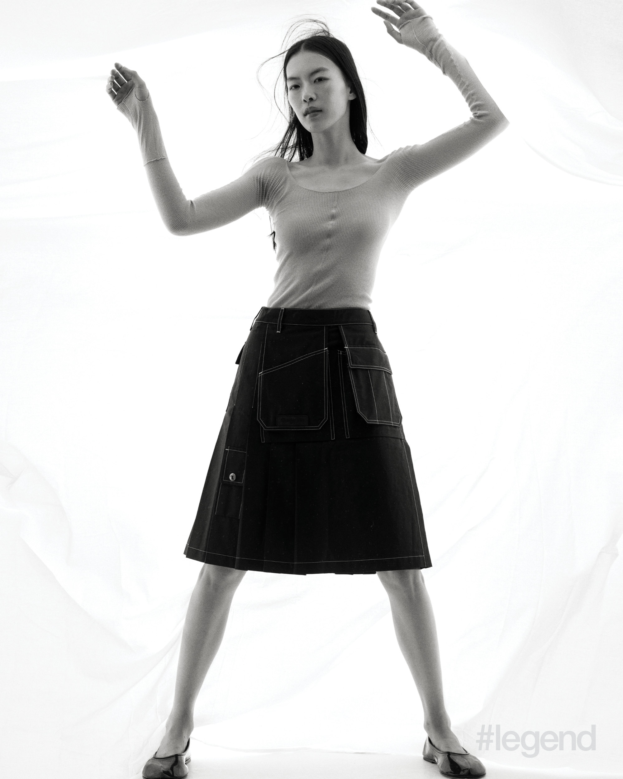 Long-sleeve top _ Marc Jacobs; Black skirt _ Christian Dior; Black flats _ Dear Frances