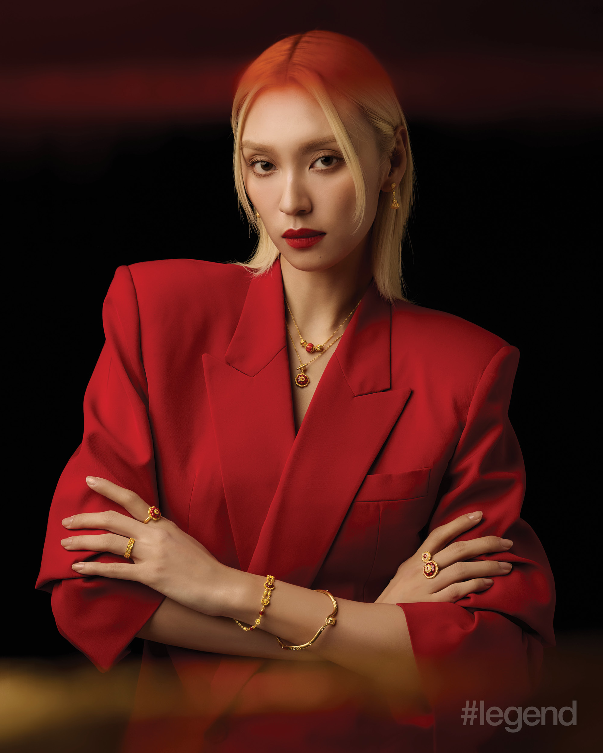 CTF HUÁ Collection pure gold earrings, necklaces, rings, bracelet and CTF Han Meilin · HUÁ Collection’s The Gold Snake Bangle of Infinite Wealth _ Chow Tai Fook; Red blazer _ Balenciaga