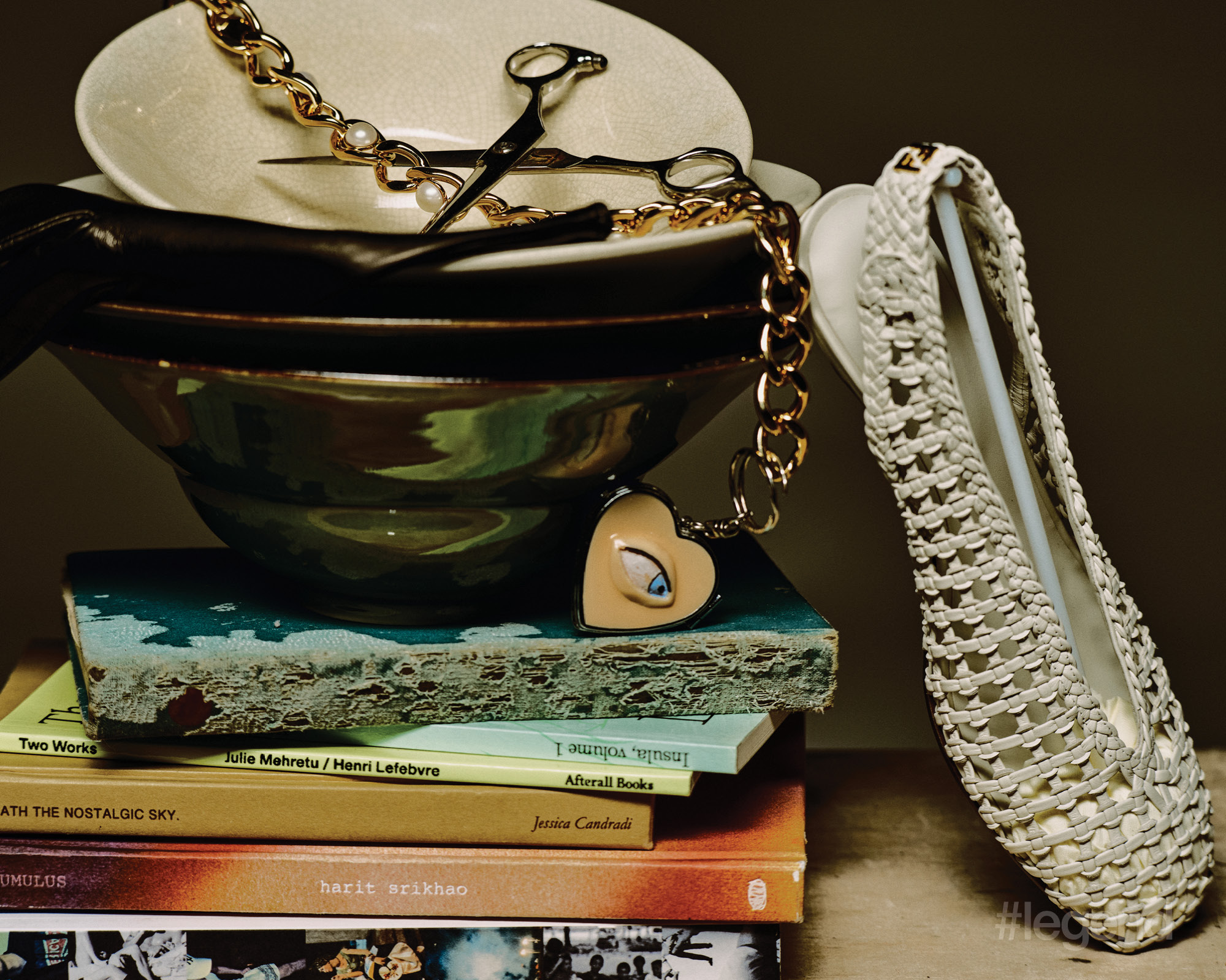 Necklace and glove _ Celine; White heel _ Fendi