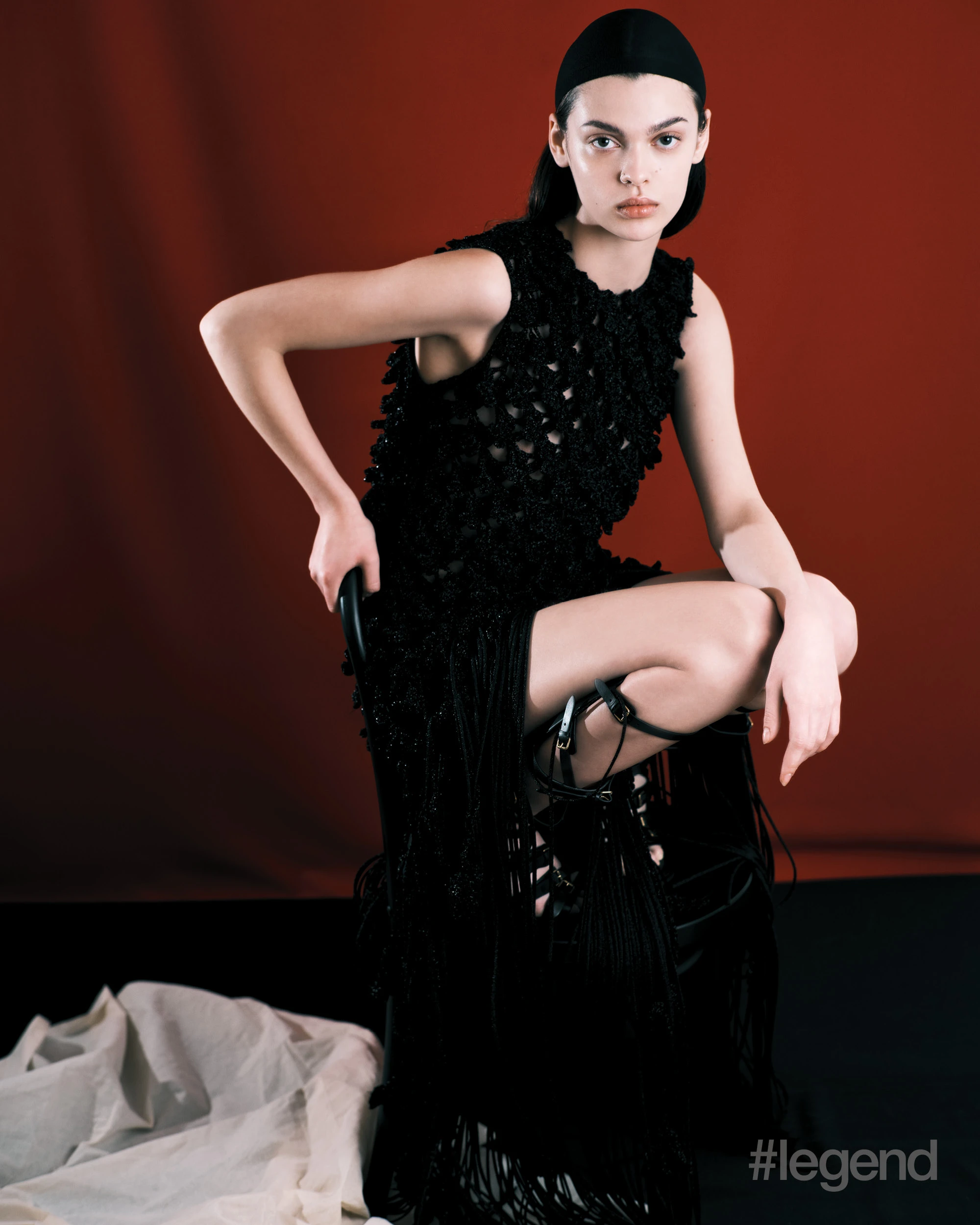 Black crochet dress _ Erdem; Black strappy sandals _ Dior