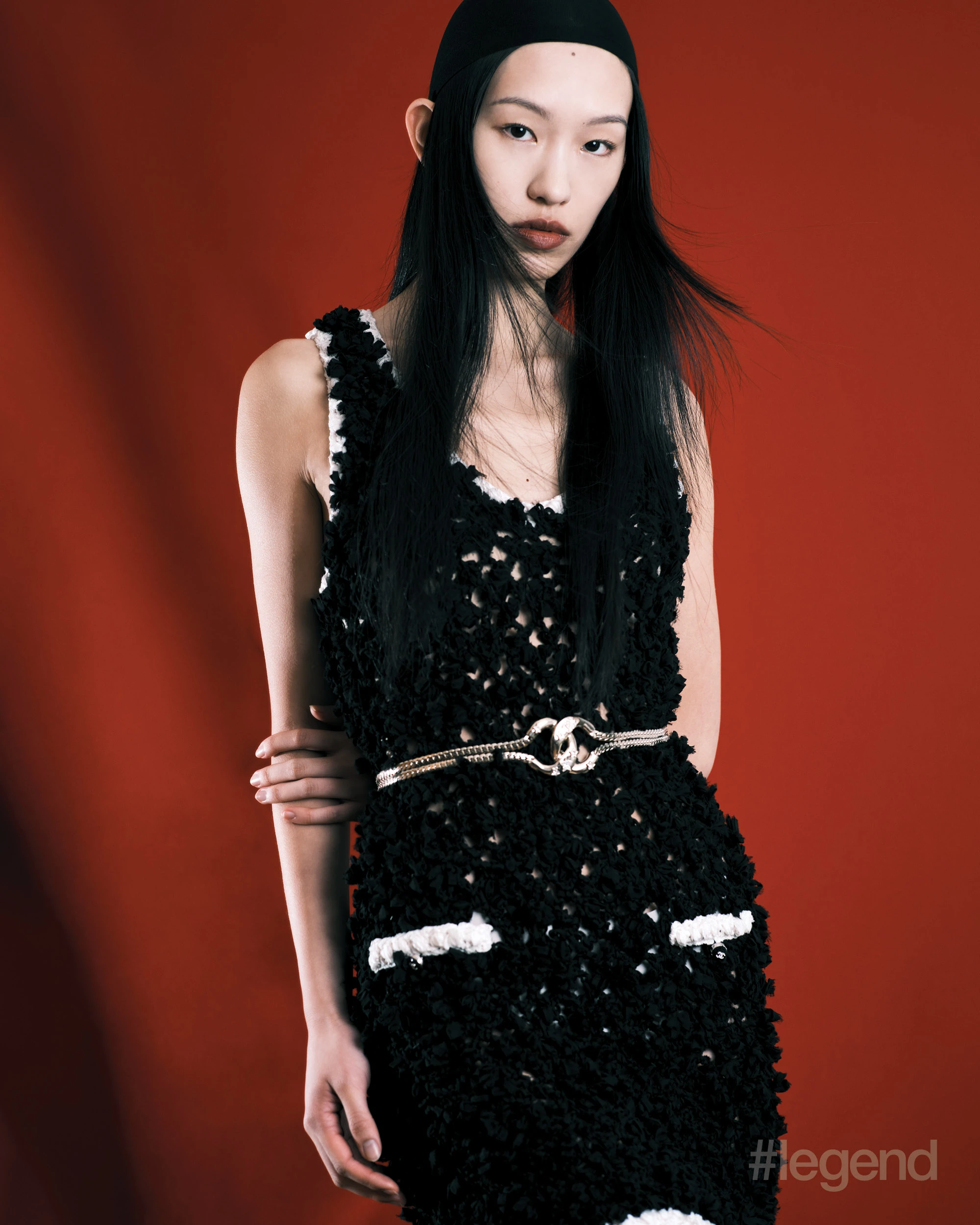 Black and white knit dress, and gold chain belt _ Chanel