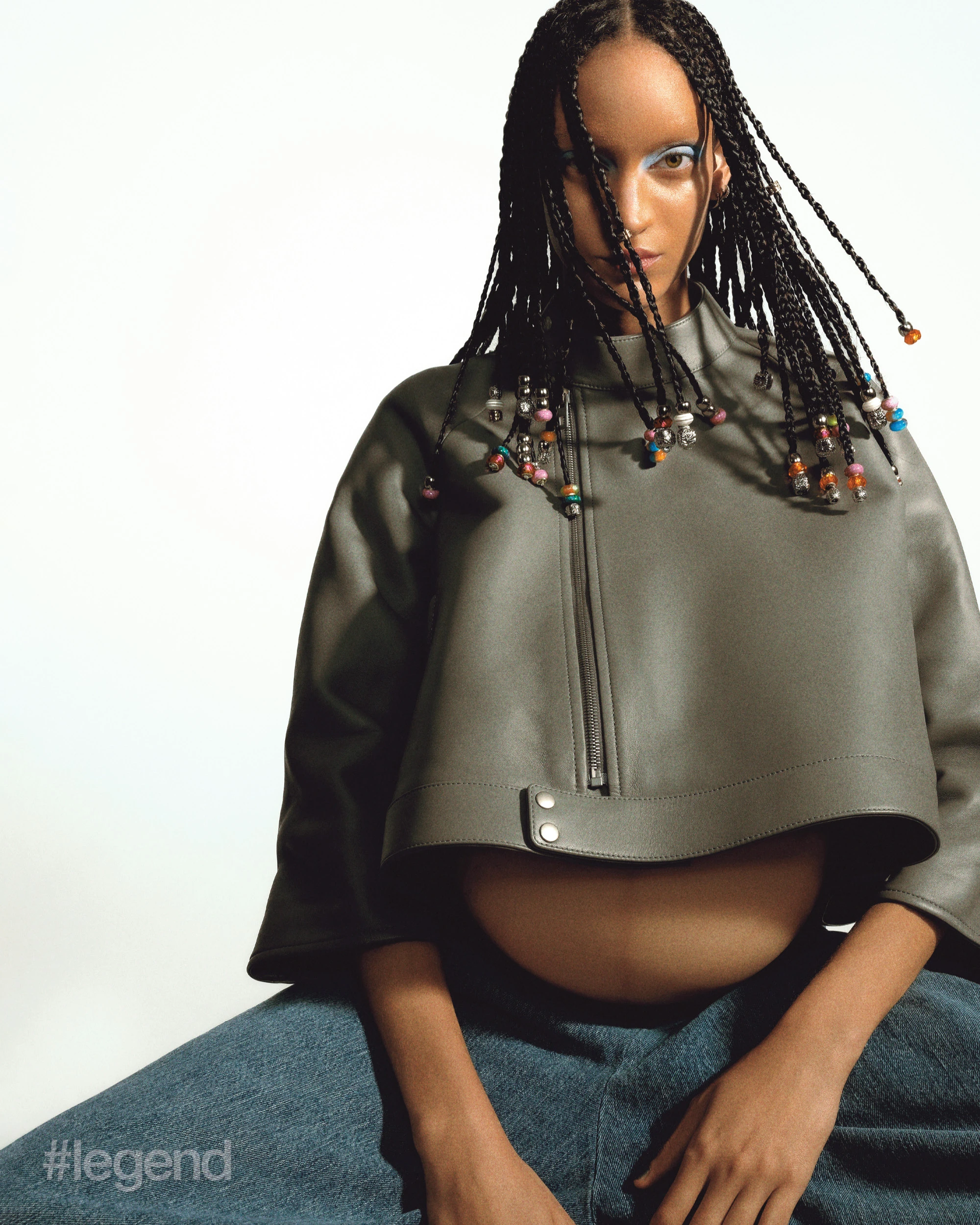 Grey leather trapeze jacket and denim trousers _ Loewe